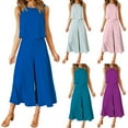 thumbnail image 1 of Dazajoo Womens 2 Piece Lounge Set Summer Cotton Linen Solid Color Vacation Beach Sets Casual Crop Tanks Matching Wide Leg Pants,Blue,L, 1 of 6