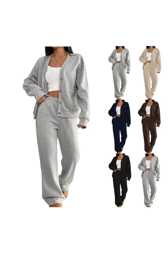 Womens 2 Piece Lounge Sets Button Down Cardigan Matching Elastic Waist Wide Leg Drawstring Pants Set Fall Winter Outdoor Y2K Sweatsuits,Coffee,S