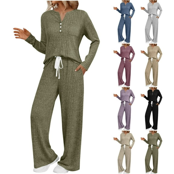 Dazajoo Womens 2 Piece Lounge Sets Fall Outfits Henley Neck Sweater Matching Drawstring Pants Sweat Suits Comfy Pajamas with Pockets Navy,XXL