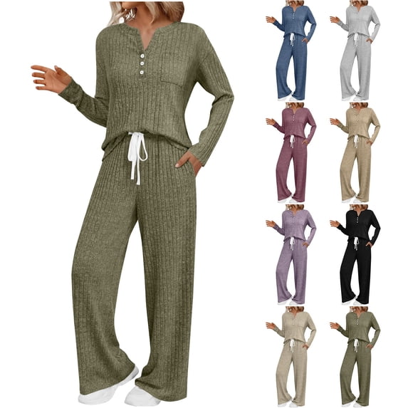 Dazajoo Womens 2 Piece Lounge Sets Fall Outfits Henley Neck Sweater Matching Drawstring Pants Sweat Suits Comfy Pajamas with Pockets Pink,M