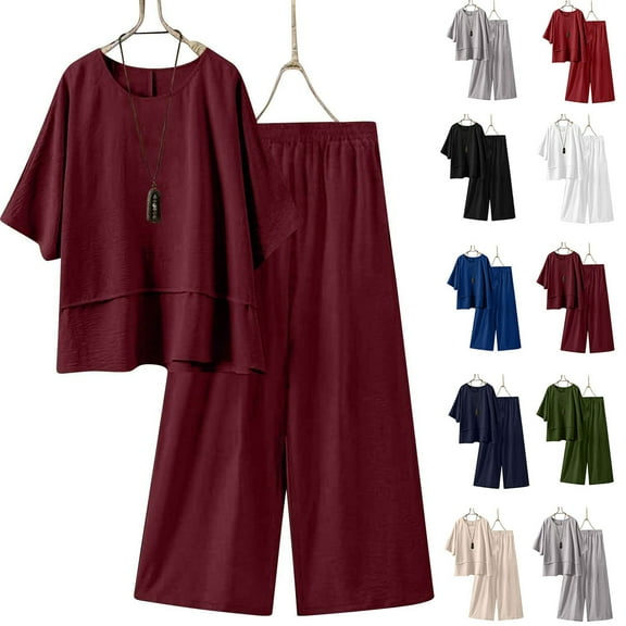 Dazajoo Womens 2 Piece Outfits Lounge Set 3/4 Batwing Sleeve Crew Neck Shirts Matching Wide Leg Elastic Waist Pants Sets,Beige,XL