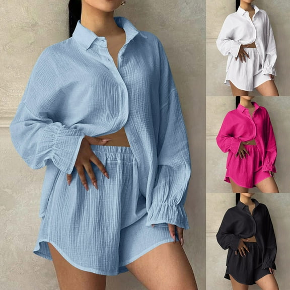 Dazajoo Womens 2 Piece Pajamas Set Shorts Casual Long Sleeve Button Down Shirts and Shorts Pjs Sleepwear Set,White,XXL