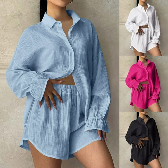 Dazajoo Womens 2 Piece Pajamas Set Shorts Casual Long Sleeve Button Down Shirts and Shorts Pjs Sleepwear Set,White,L