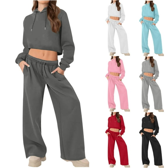 Dazajoo Womens 2 Piece Sweatsuits Sets Casual Workout Cropped Drawstring Hoodies Wide Leg Pants with Pockets Fall Winter Jogger Suits,Black,M