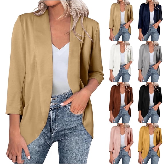 Dazajoo Womens 3/4 Sleeve Blazers Lightweight Open Front Cardigan Jacket Busuness Casual Office Work Blazer Suit,Yellow,S