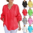 thumbnail image 1 of Dazajoo Womens 3/4 Sleeve Cotton Shirts Vintage Linen Blouses Button V Neck Tunic Tops Solid Color Tees Loose Fit Shirt,White,L, 1 of 6