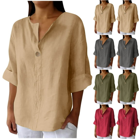 Dazajoo Womens 3/4 Sleeve Linen Tops and Blouses Casual V Neck Button Shirts Summer Solid Color Classic Tshirt,Army Green,XXXXL