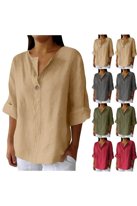 Womens 3/4 Sleeve Linen Tops and Blouses Casual V Neck Button Shirts Summer Solid Color Classic Tshirt,Dark Gray,XL