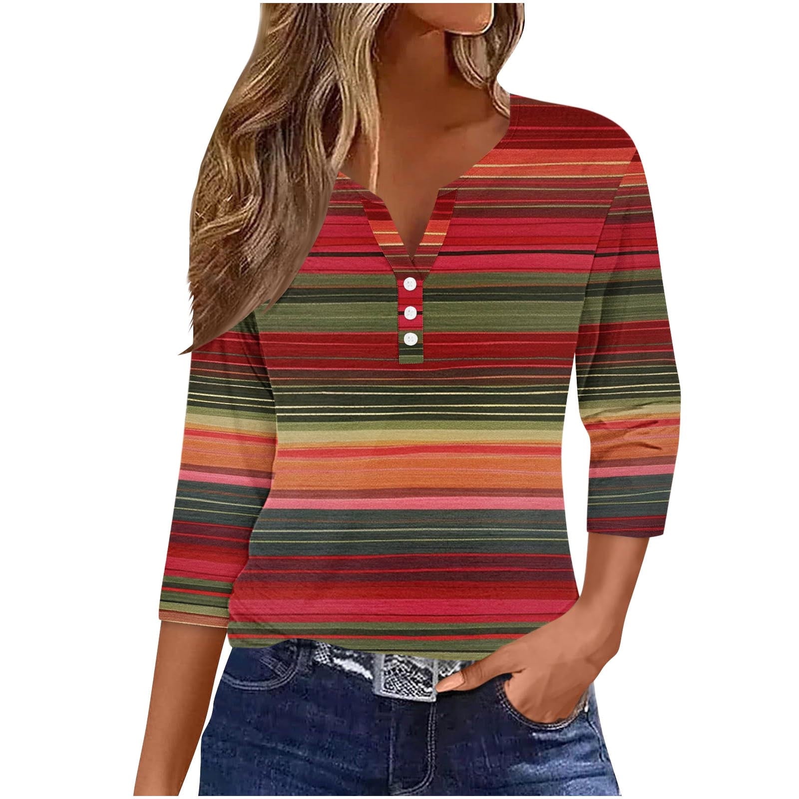 Super Comfy Women's Linen 3/4 Sleeve Striped Top – Roll-Up Sleeves, V-Neck, Casual Button-Down Blouse