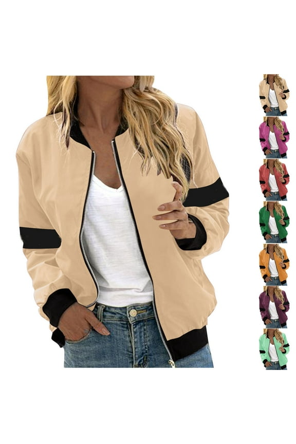 Womens Baseball Jackets Zip Up Contrast Casual Bomber Jacket with Pocket Fall Long Sleeve Outwear,Hot Pink,XXL