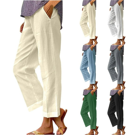 Dazajoo Womens Beach Pants Lightweight Soft Cotton Linen Pants Elastic High Waisted Solid Color Pants with Pockets,Khaki,XL