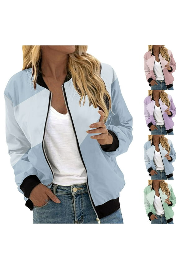 Womens Bomber Jacket Casual Stand Collar Zip Up Lightweight Jacket Outerwear Windbreaker with Pocket,Light Blue,S