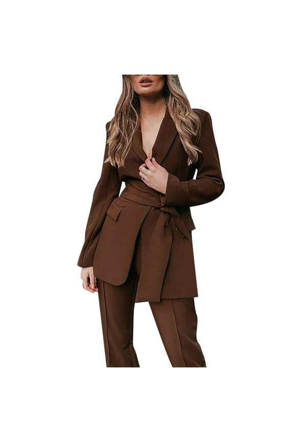 Womens Business Work Suit Set Blazer for Office Suit Set Slim Fit Long Pants with Pockets 2024 Fall Sexy Deep V Neck Solid Color Blazers Suits with Belt for Women,Brown,M