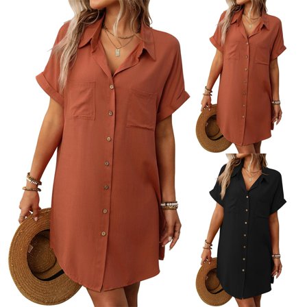 Dazajoo Womens Button Down Dress Shirts Summer Short Sleeve Lapel Collar Dresses with Pockets Lightweight Solid Workwear,Black,S