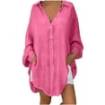 thumbnail image 1 of Dazajoo Womens Button Down Linen Shirts 2025 Summer Casual Long Sleeve Cotton Blouses Lightweight Baggy Solid Color Lapel Tunic Tops,Hot Pink,L, 1 of 7