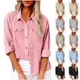 thumbnail image 1 of Dazajoo Womens Button Down Long Sleeve Shirts Casual V Neck Cotton Linen Tops for Women 2024 Summer Roll-Up Long Sleeve Blouses with Pockets,Beige,XL, 1 of 8