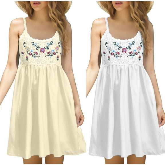 Dazajoo Womens Cami Dresses Floral Embroidered Hollow Out Sundress Summer Casual Vintage Midi Dresses,White,Free Size