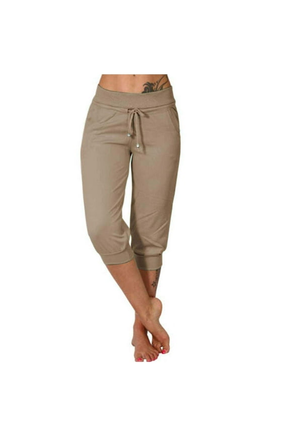 Womens Capri Pants for Summer Elastic Waist Straight Leg Drawstring Capris with Pockets Workout Yoga Pants,Khaki,L