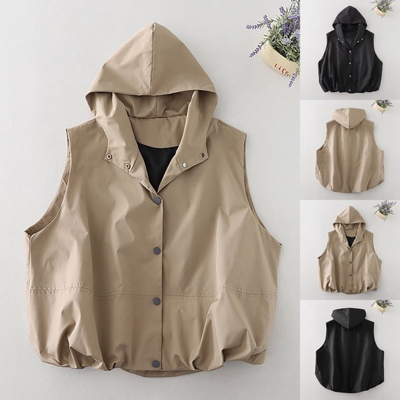 Dazajoo Womens Cargo Vest with Hood Casual Lightweight Button Down Jacket Oversized Ruched Hem Sleeveless Hooded Jackets,Black,M