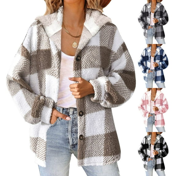 Dazajoo Womens Casual Plaid Button Down Warm Plush Hooded Jacket Fall Winter Oversized Long Sleeve Fuzzy Fleece Coat Outerwear,Pink,L