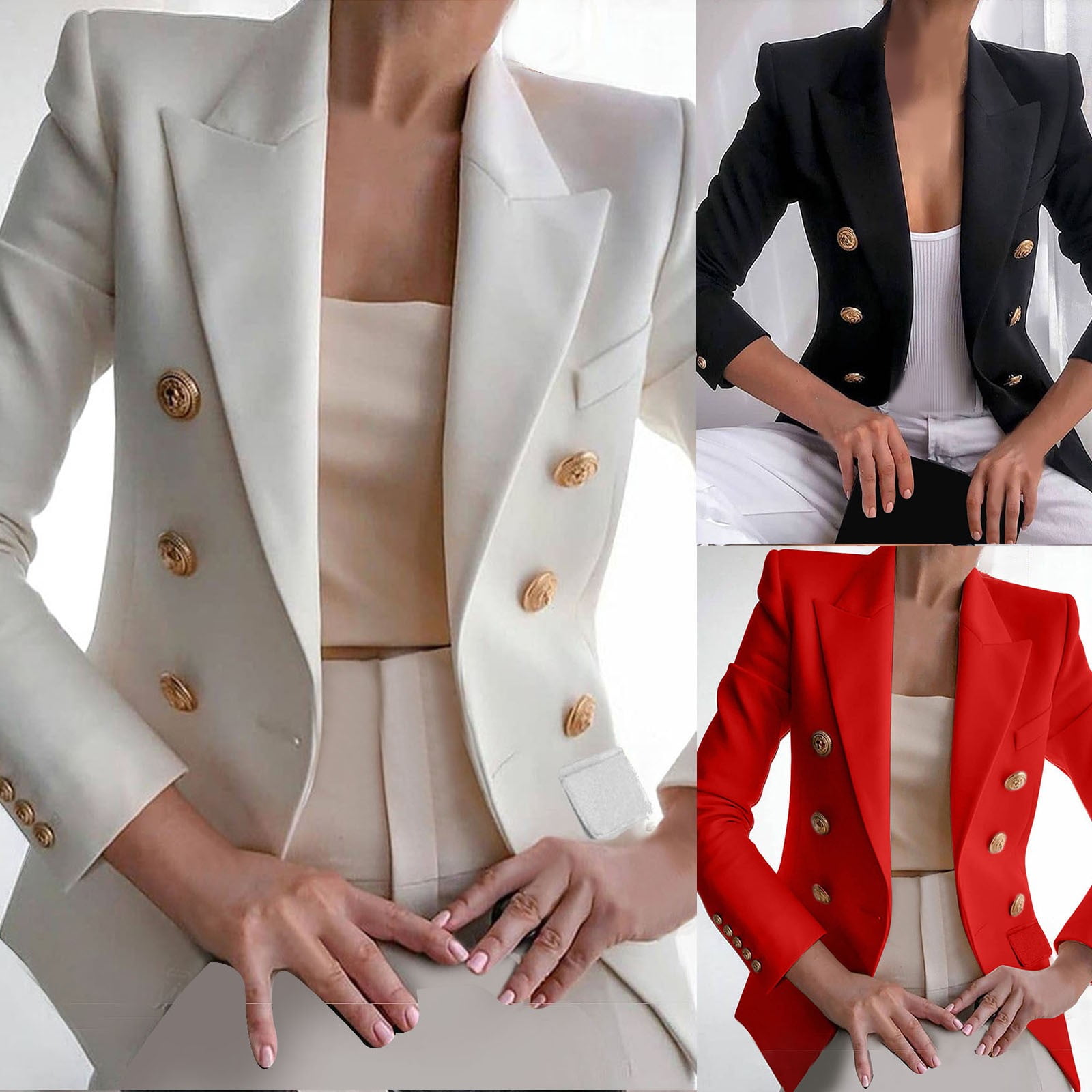 Dazajoo Womens Casual Solid Color Blazer Jacket Gold Button