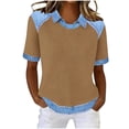thumbnail image 1 of Dazajoo Womens Casual Waffle Knit Tops Raglan Short Sleeve Colorblock Shirts with Denim Collared Loose Lightweight Comfy Pullover,Khaki,M, 1 of 5