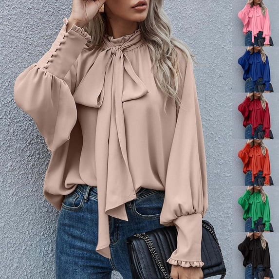 Dazajoo Womens Chiffon Long Sleeve Blouses Casual Long Sleeve Solid Color Shirts with Bow Tie Vintage Business Office Work Elegant Tops Weekly Sale,Pink,L