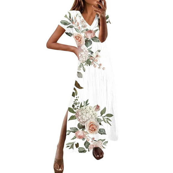 Dazajoo Womens Classy Maxi Summer Dress Dressy Trendy Side Split Floral Dresses V Neck Short Sleeve Beach Long Dresses,White,XL