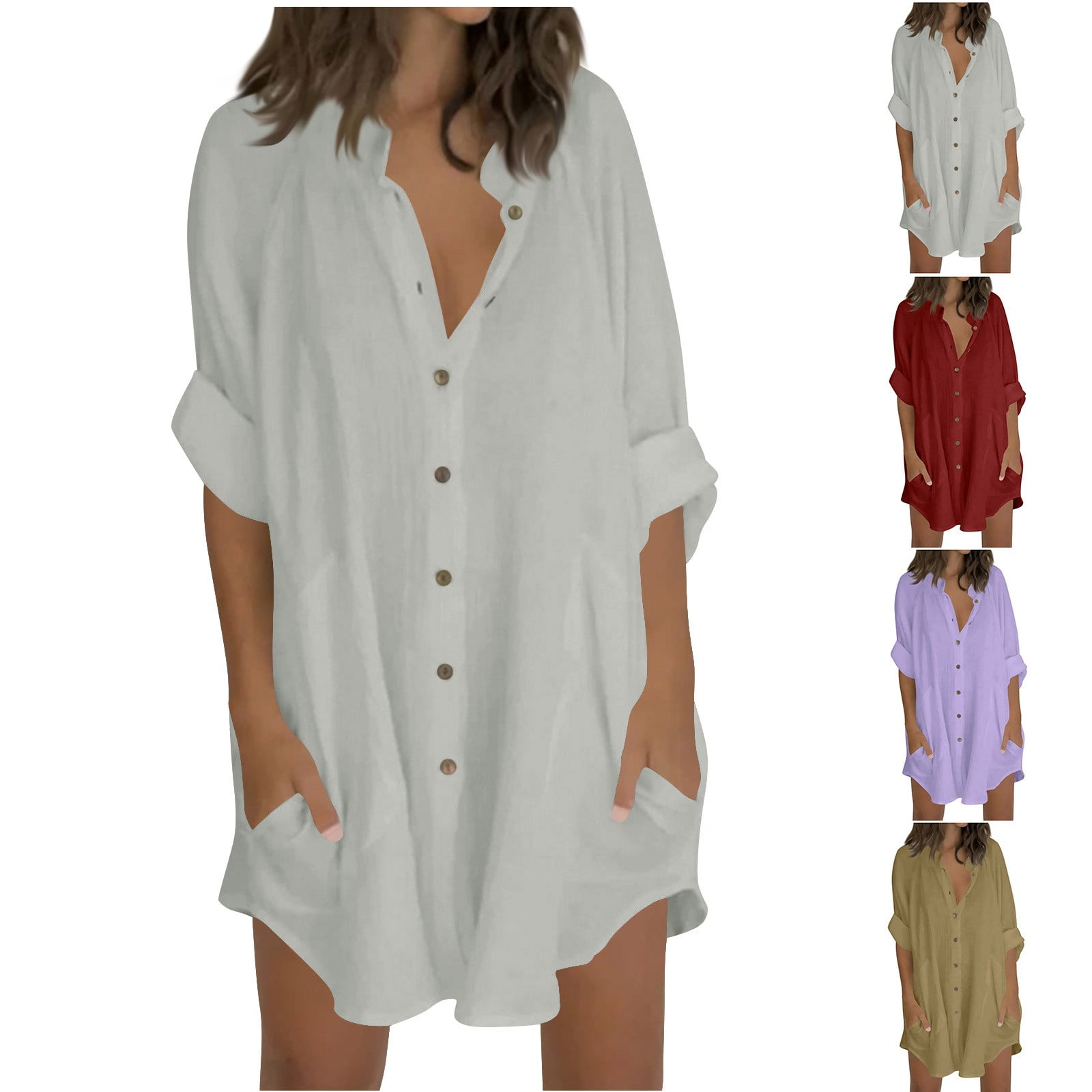 Dazajoo Womens Collared Button Down Shirts Cotton Linen Long Sleeve ...