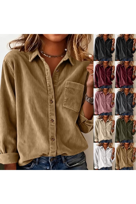 Womens Corduroy Button Down Shirts Dressy Casual Long Sleeve Blouses Loose Lapel Jackets Shackets with Chest Pocket,Khaki,S