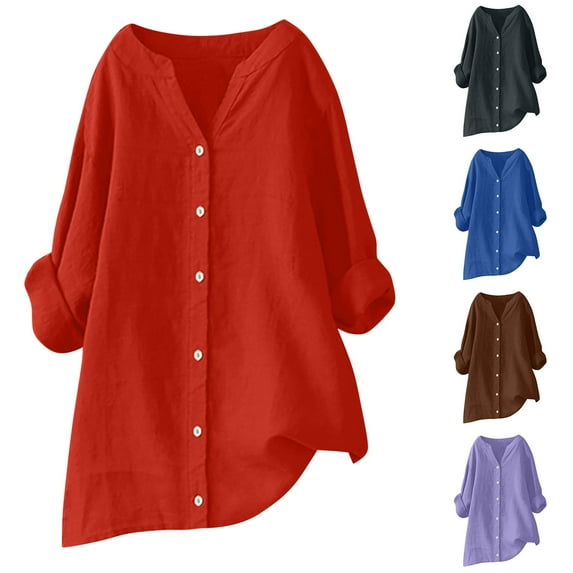Dazajoo Womens Cotton Linen Blouse Long Sleeve Button Down V Neck Shirts Oversized Casual Basic Solid Color T Shirts Loose Fit Tops,Purple,S