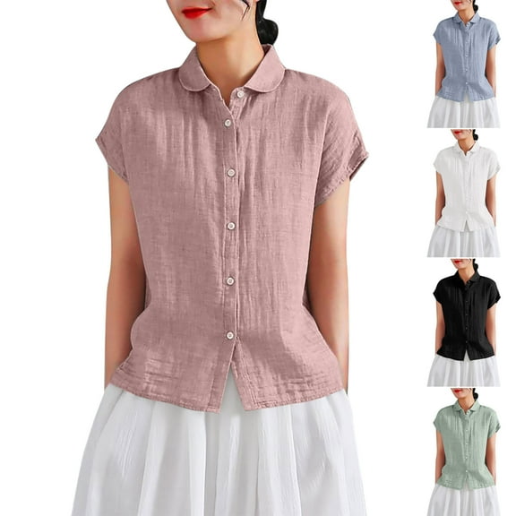 Dazajoo Womens Cotton Linen Blouses Button Down Casual Summer Short Sleeve Shirts with Collar Going Out Vacation Tunics,White,XL