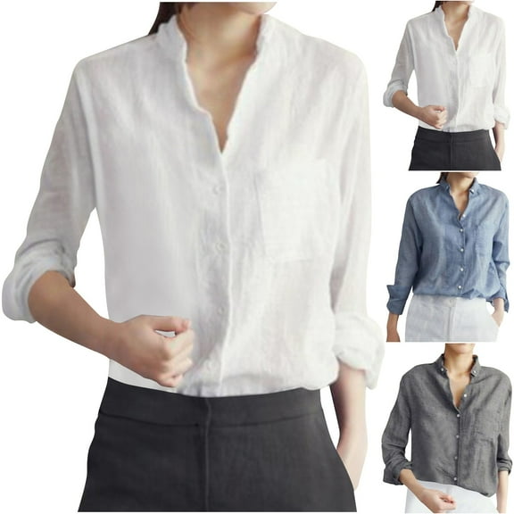 Dazajoo Womens Cotton Linen Button Down Shirts Long Sleeve Collared V Neck Blouse Oversized Solid Color Tops with Front Pocket,Blue,L