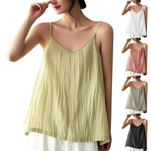 Dazajoo Womens Cotton Linen Camisole Tank Tops V Neck Spaghetti Strap Vest Shirts Summer Sleeveless Solid Color Camis,Gray,M