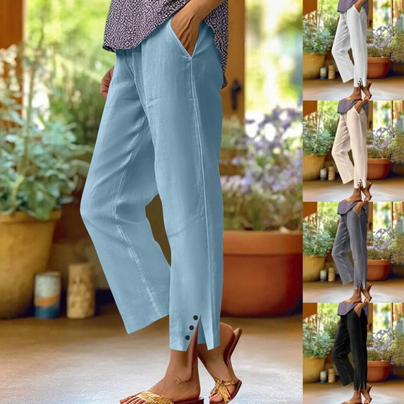 Dazajoo Womens Cotton Linen Pants with Pockets Side Slit Elastic Waist Jogger Pants Summer Solid Color Lightweight Beach Pants Vacation Deals,Beige,S