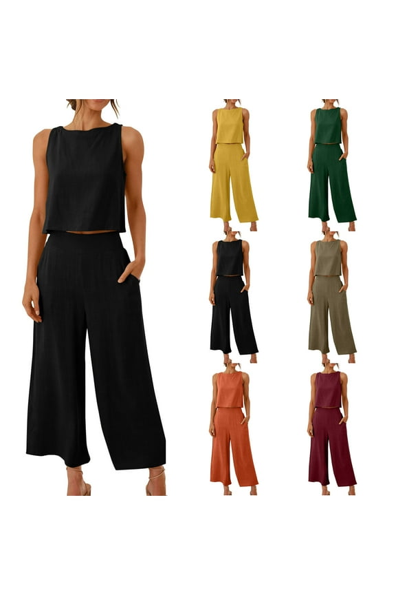 Womens Cotton Linen Sets 2 Piece Outfits Crop Tank Tops and Elastic Waist Wide Leg Pants with Pockets Summer Solid Color Beach Vacation Loungewear,Pink,XXXL