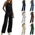 thumbnail image 1 of Dazajoo Womens Cotton Linen Sets 2 Piece Outfits Sleeveless Round Neck Top Matching Wide Leg Long Pants with Pockets,White,S, 1 of 7
