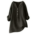 thumbnail image 1 of Dazajoo Womens Cotton Linen Shirts Plus Size Button V Neck Casual Blouses 2024 Summer Loose Fit Solid Color Long Sleeve Tops，Dark Gray，M, 1 of 6