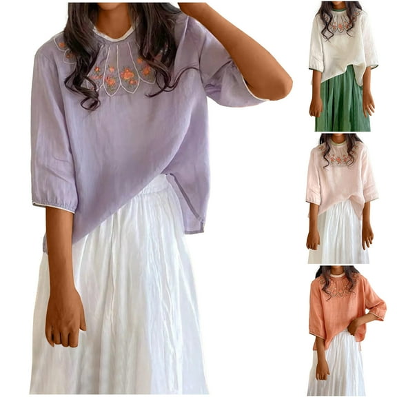 Dazajoo Womens Cotton Linen Shirts Vintage Flower Embroidered Peasant Tops 3/4 Sleeve Summer Blouses Casual Boho Tunic,Orange,XL
