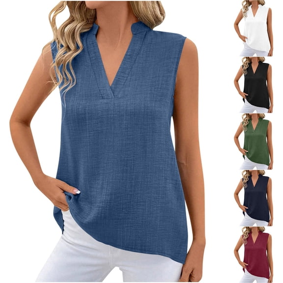 Dazajoo Womens Cotton Linen Tank Tops Loose V Neck Casual T Shirt Sleeveless Stand Collar Tunic Blouses Summer Basic Tank Shirts,Red,S