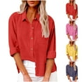 thumbnail image 1 of Dazajoo Womens Cotton Linen Tunic Tops Long Sleeve Solid Color Shirts with Pocket 2024 Summer Button Down Casual Lapel Neck Plus Size Blouses for Women,Red,XXXXL, 1 of 7