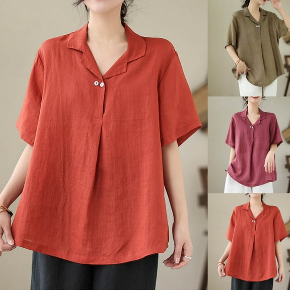 Dazajoo Womens Cotton Linen V Neck Tops Vintage Embroidered Button T Shirt Summer Beach Casual Loose Short Sleeve Blouse,Khaki,XL