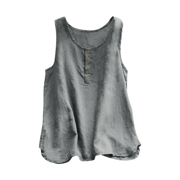 Dazajoo Womens Cotton Linen Vest 2024 Summer Basic Solid Color Plus Size Sleeveless Tanks Casual Fashion Button Round Neck Tank Tops for Women,Gray,XXXL