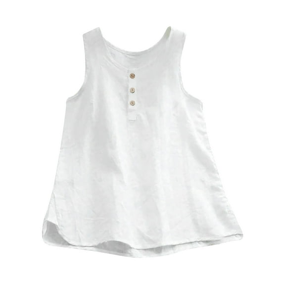 Dazajoo Womens Cotton Linen Vest 2024 Summer Basic Solid Color Plus Size Sleeveless Tanks Casual Fashion Button Round Neck Tank Tops for Women,White,XL