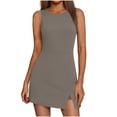thumbnail image 1 of Dazajoo Womens Crew Neck Tennis Dress Sleeveless Side Slit Athletic Dress with Build in Shorts,Brown,XXL, 1 of 7