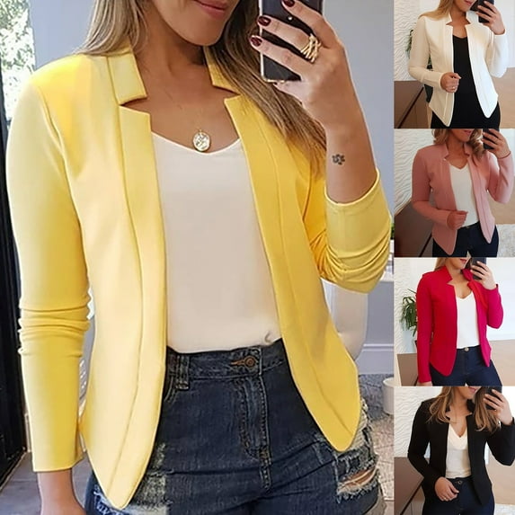 Dazajoo Womens Cropped Blazer Open Front Lightweight Office Suit Jacket Casual Long Sleeve Business Blazers,Yellow,XXXXXL