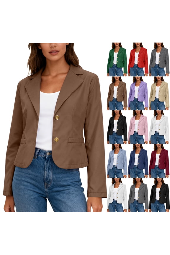 Womens Cropped Blazer Single Breasted Button Front Suit Jacket Casual Long Sleeve Blazers with Pockets,Beige,S