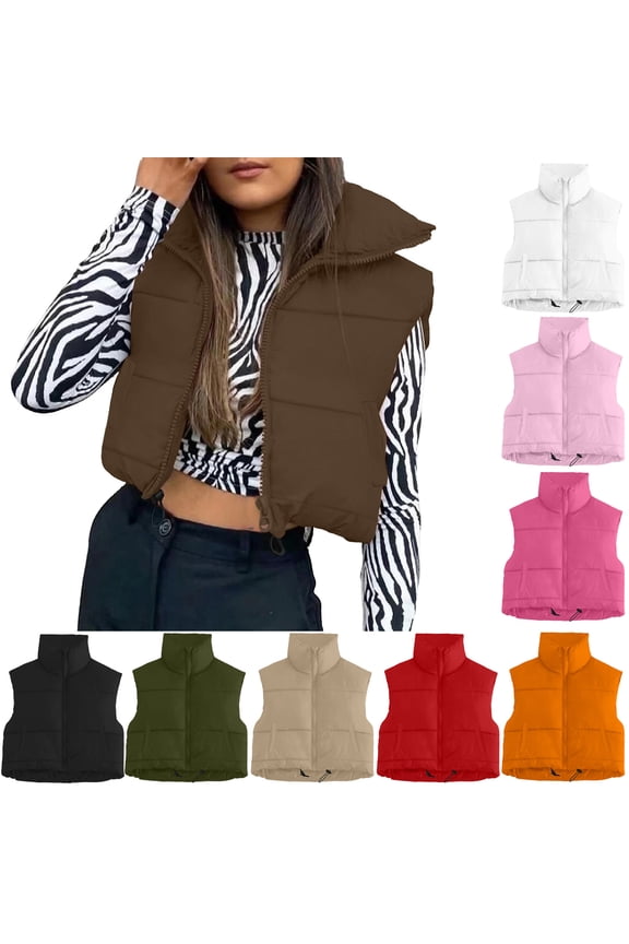 Womens Cropped Puffer Vest with Pockets Zip Up Stand Collar Sleeveless Jackets Lightweight Winter Warm Outerwear,White,S