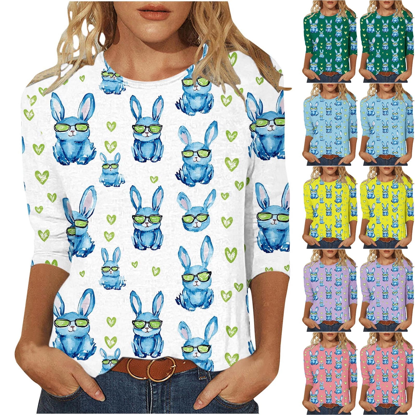 Dazajoo Womens Easter Shirts Spring 3/4 Length Sleeve Crewneck Eggs ...