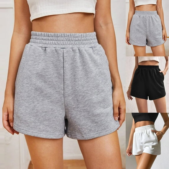 Dazajoo Womens Elastic Waist Athletic Shorts with Pockets Summer Loose Fit Solid Color Shorts for Women 2025 Comfy Casual Wide Leg Shorts,Gray,S
